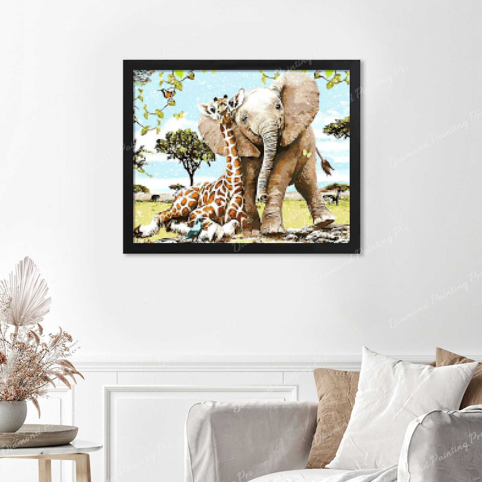 Elephant and Giraffe Finished Diamond Painting Displayed with Black Frame as Home Decor