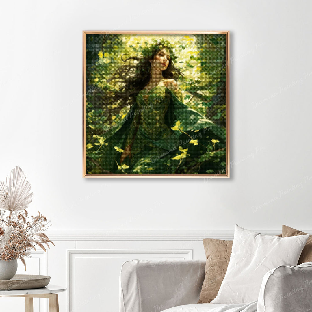 Ivy The Nature Guardian Finished Diamond Painting Displayed with Gold Frame as Home Decor