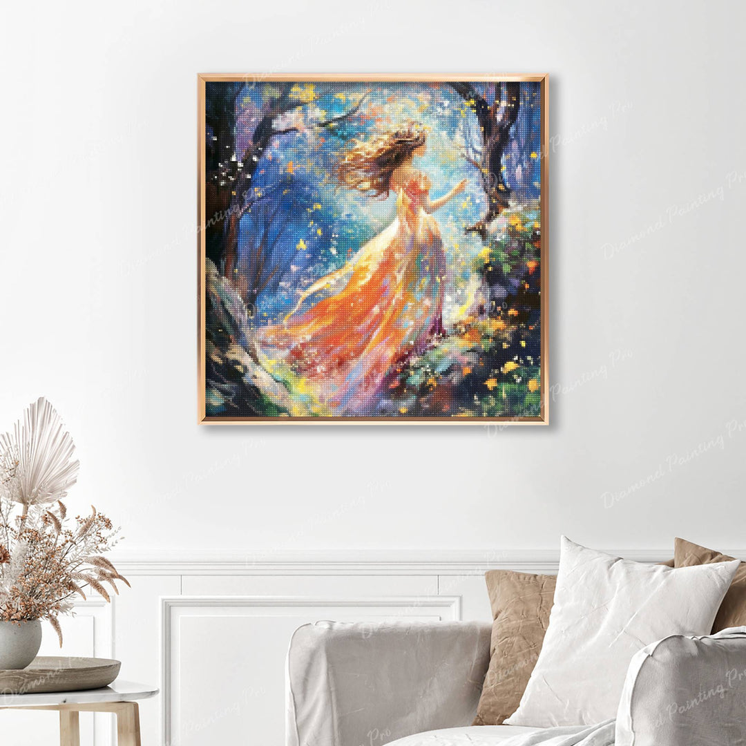 Willow The Whimsical Wanderer Finished Diamond Painting Displayed with Gold Frame as Home Decor