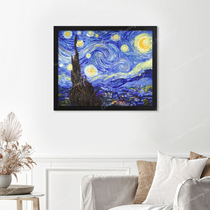 Starry Night Finished Diamond Painting Displayed with Black Frame as Home Decor