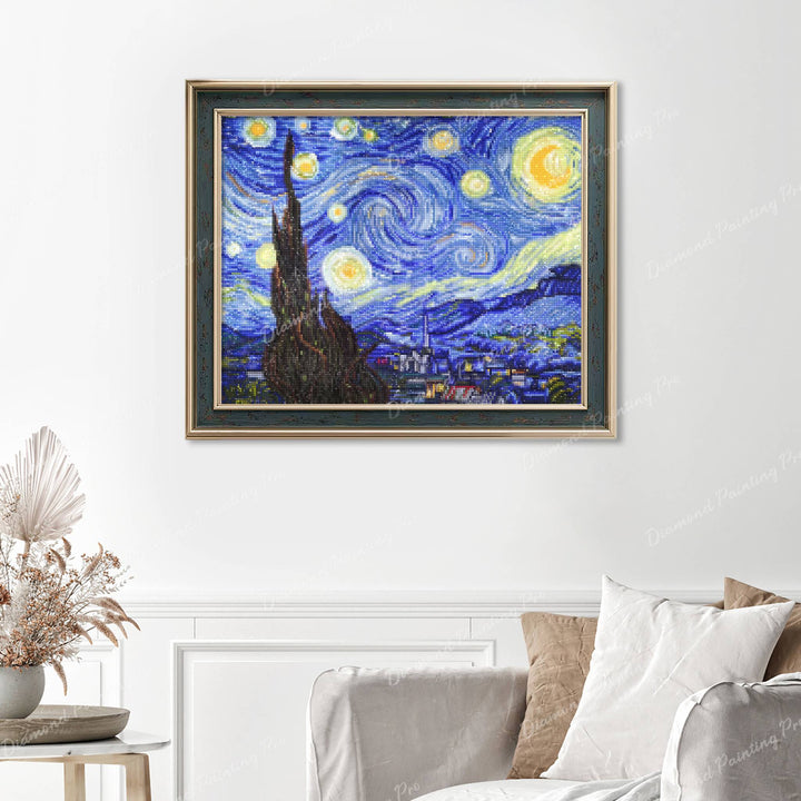 Starry Night Finished Diamond Painting Displayed with Vintage Frame as Home Decor