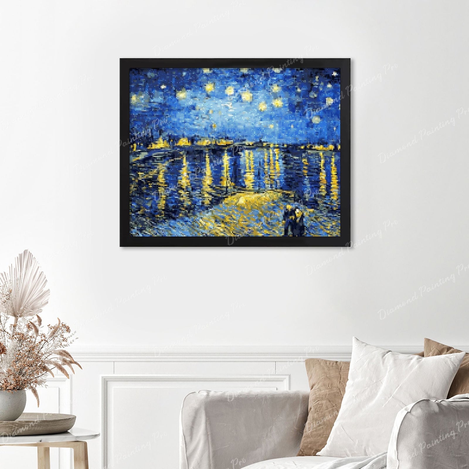 Starry Night over the Rhône Van Gogh’s Finished Diamond Painting Displayed with Black Frame as Home Decor