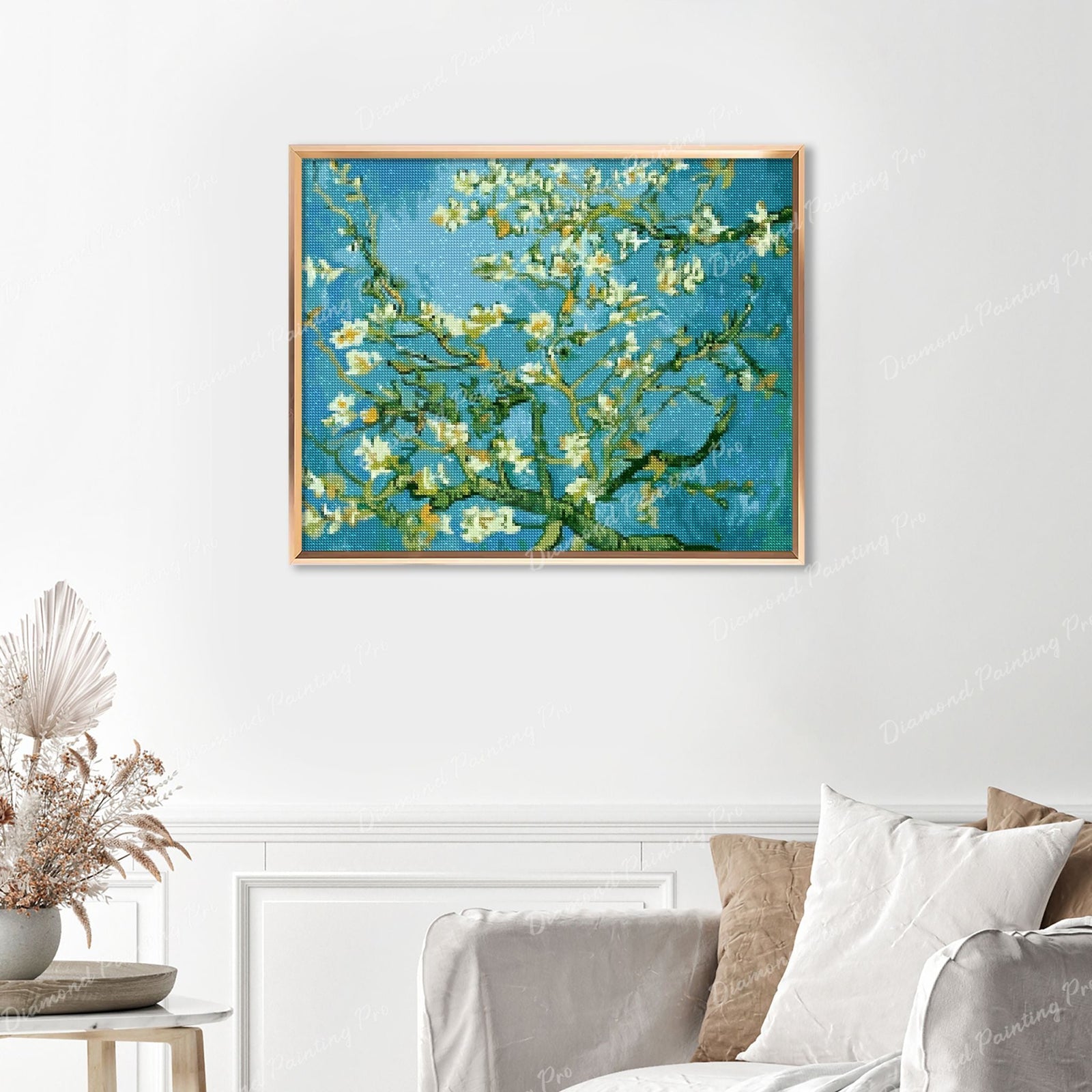 Almond Blossoms Finished Diamond Painting Displayed with Gold Frame as Home Decor