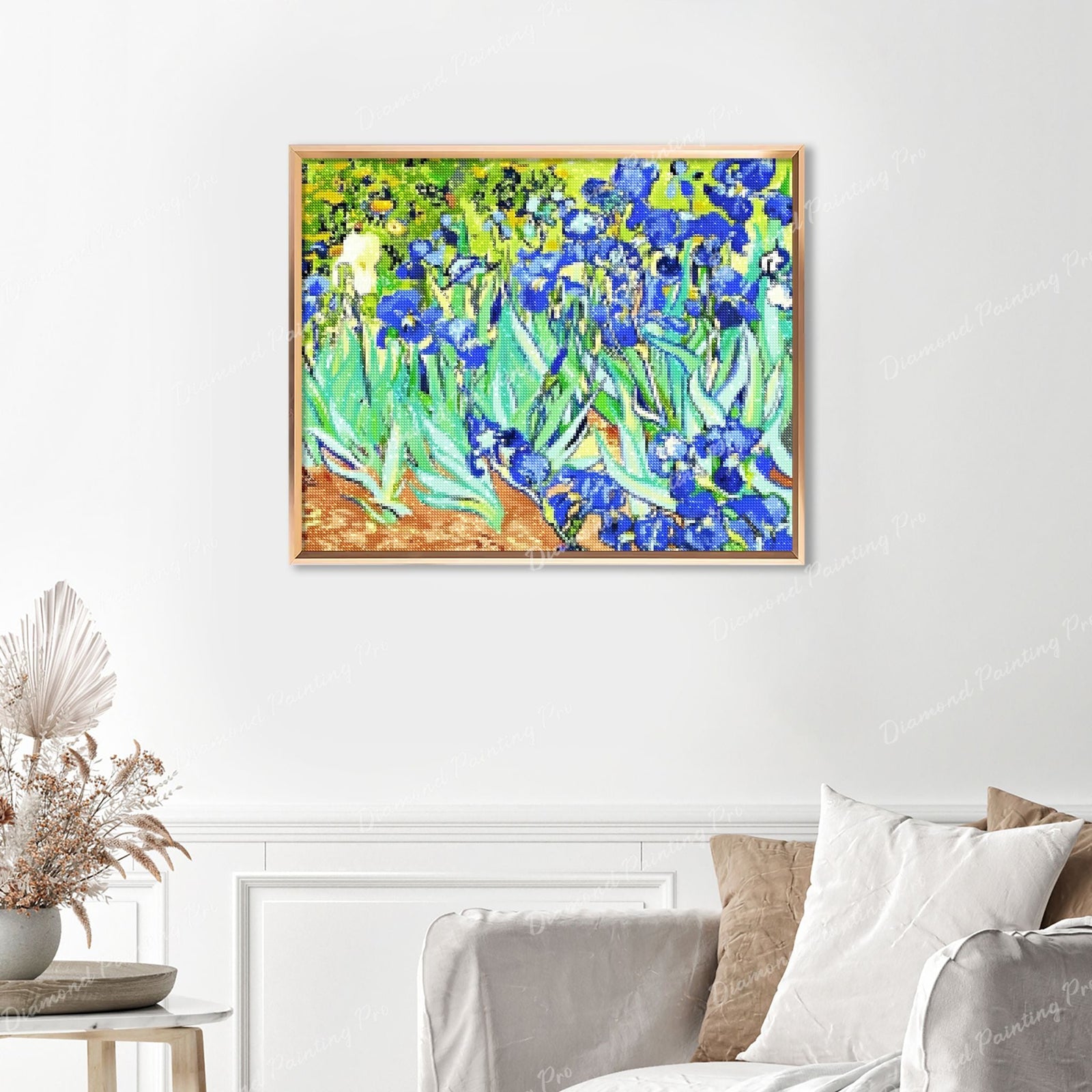 Irises - Vincent van Gogh Finished Diamond Painting Displayed with Gold Frame as Home Decor