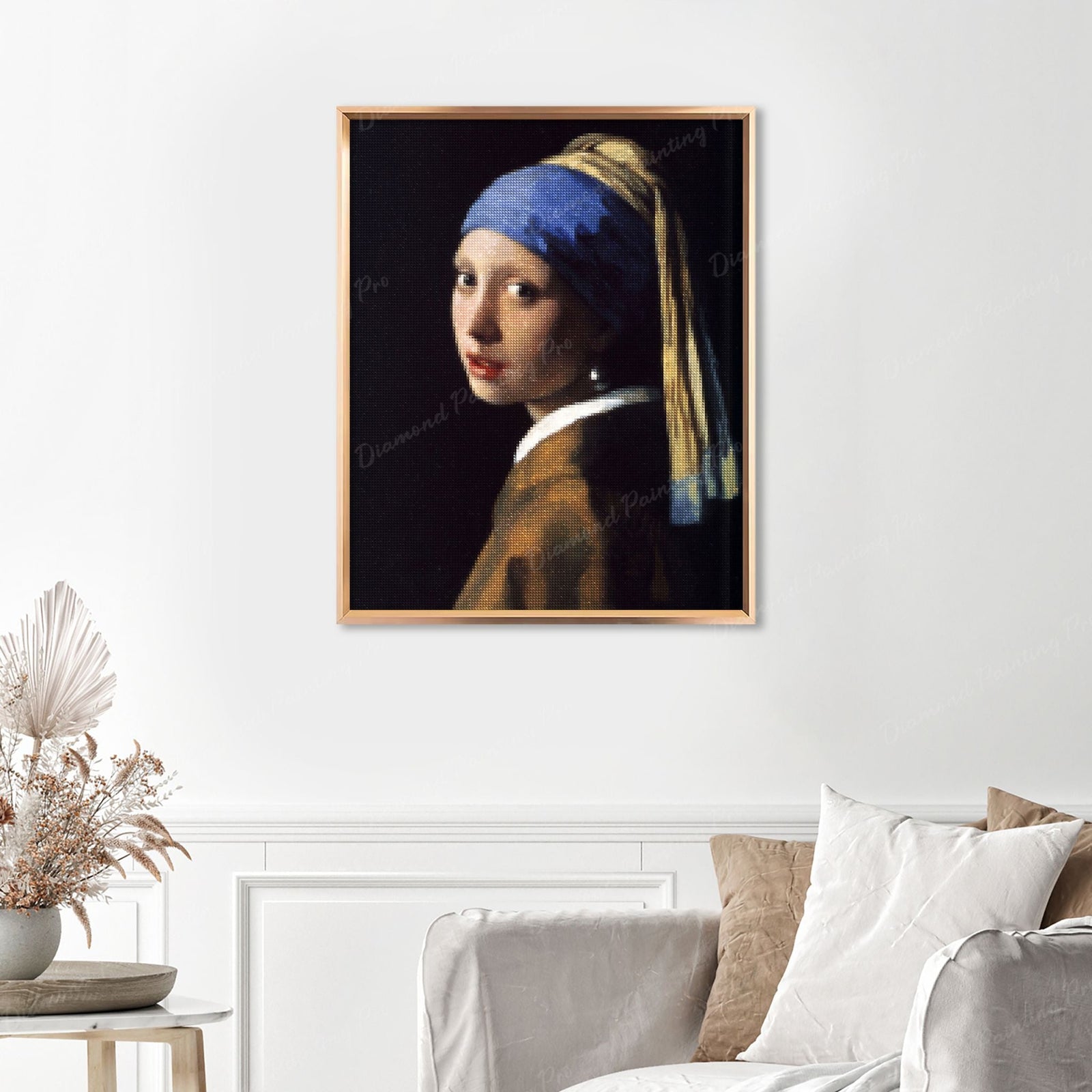 Girl with a Pearl Earring - Johannes Vermeer Finished Diamond Painting Displayed with Gold Frame as Home Decor