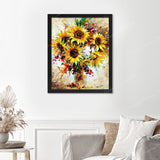 Bright Sunflower Vase Finished Diamond Painting Displayed with Black Frame as Home Decor