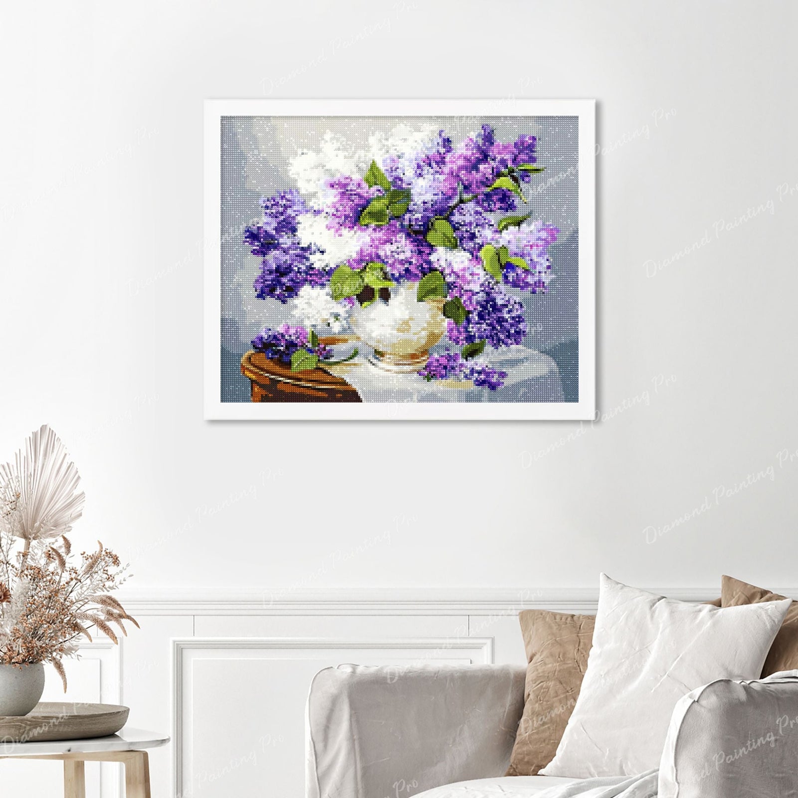 Purple and White Lilac Finished Diamond Painting Displayed with White Frame as Home Decor