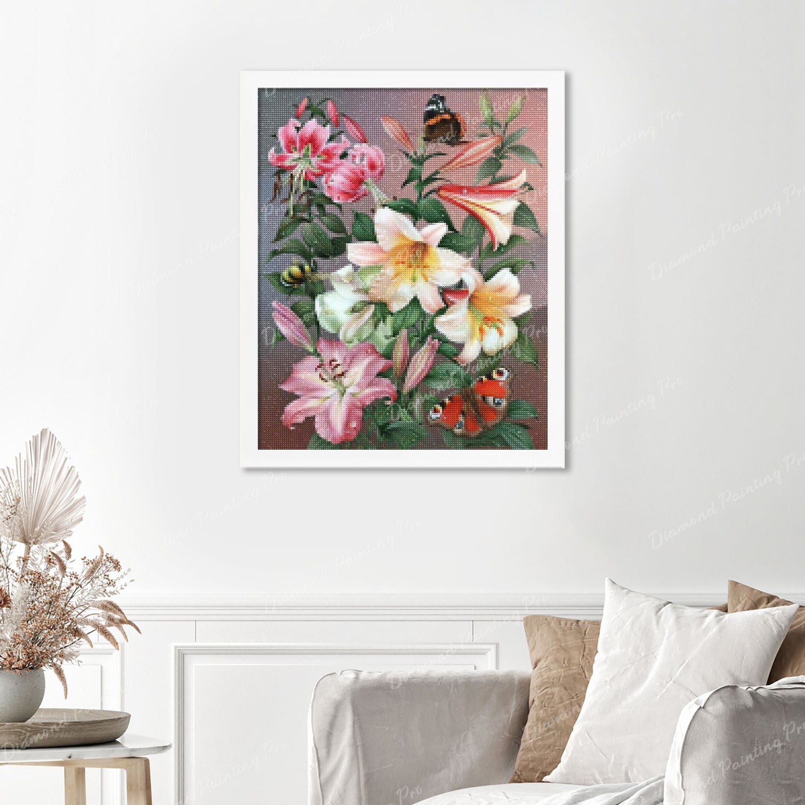 Butterflies and Flowers Finished Diamond Painting Displayed with White Frame as Home Decor