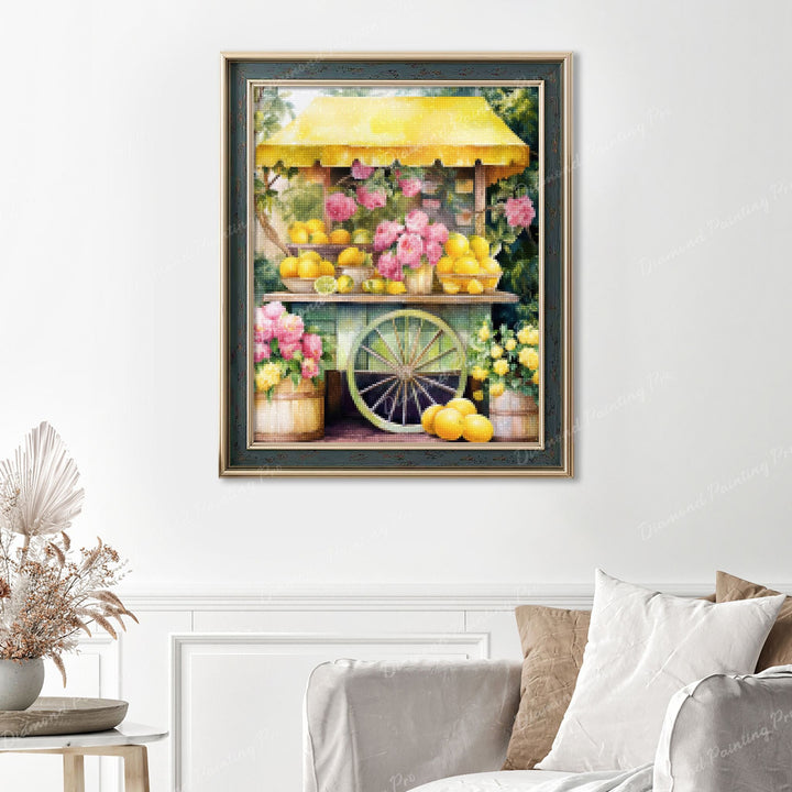 Sunny Lemonade Stand Finished Diamond Painting Displayed with Vintage Frame as Home Decor