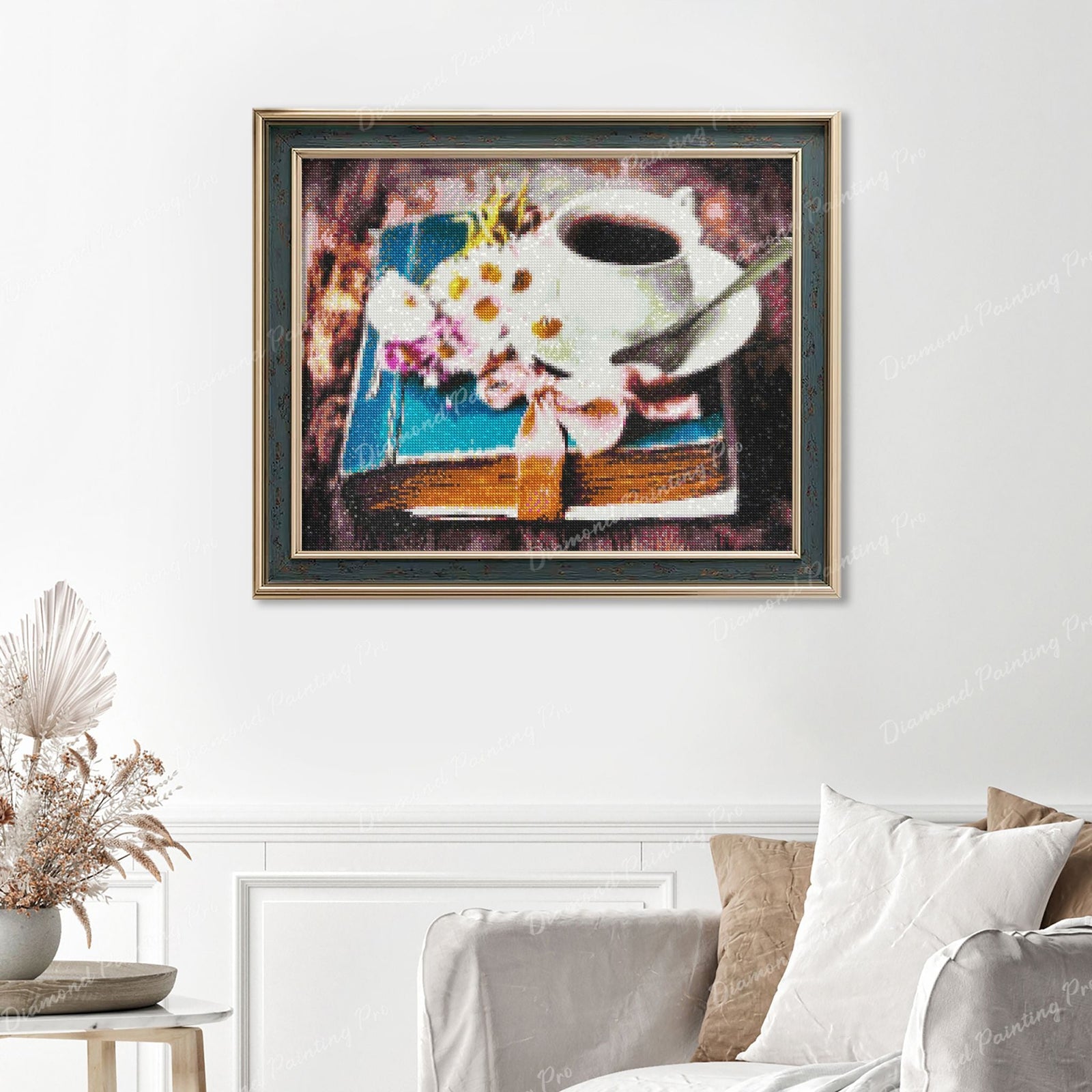 Flowers & Coffee Finished Diamond Painting Displayed with Vintage Frame as Home Decor