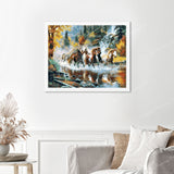 Horses Galloping Downstream Finished Diamond Painting Displayed with White Frame as Home Decor