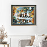 Horses Galloping Downstream Finished Diamond Painting Displayed with Vintage Frame as Home Decor