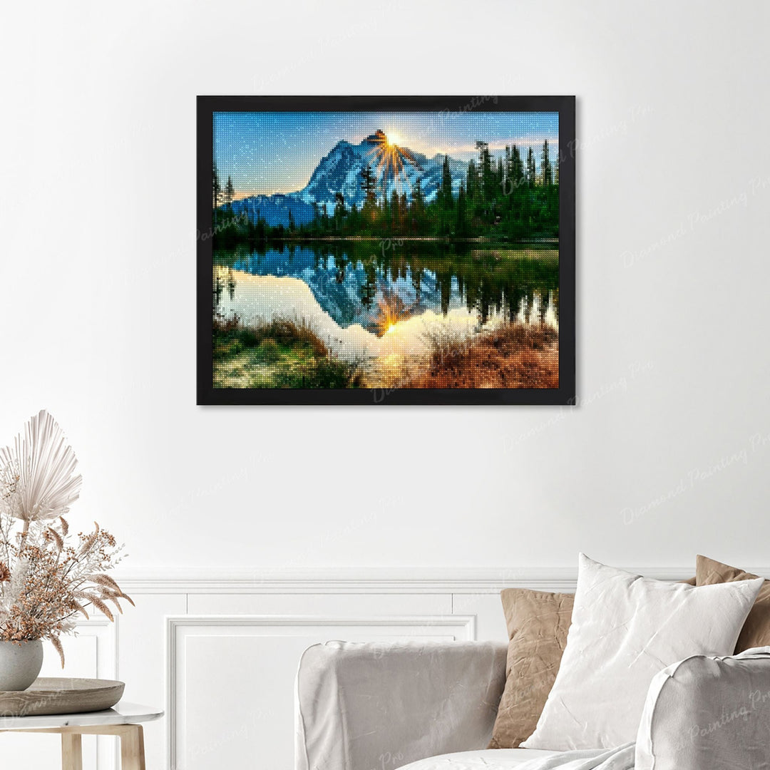 Sun Shining on Mountain Finished Diamond Painting Displayed with Black Frame as Home Decor