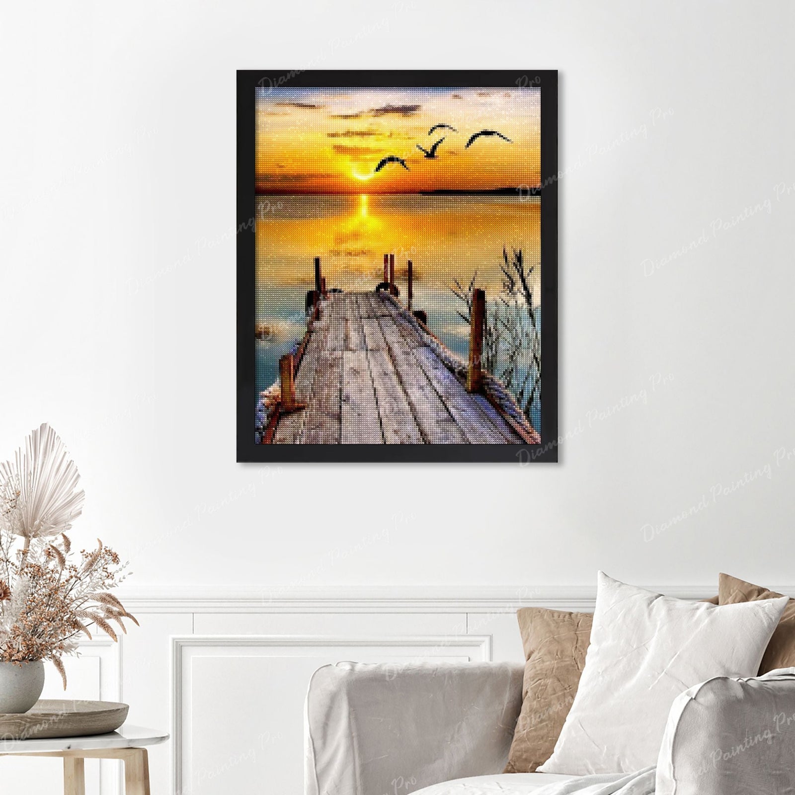 Lakeside Sunset Jetty Bliss Finished Diamond Painting Displayed with Black Frame as Home Decor