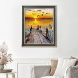 Lakeside Sunset Jetty Bliss Finished Diamond Painting Displayed with Vintage Frame as Home Decor