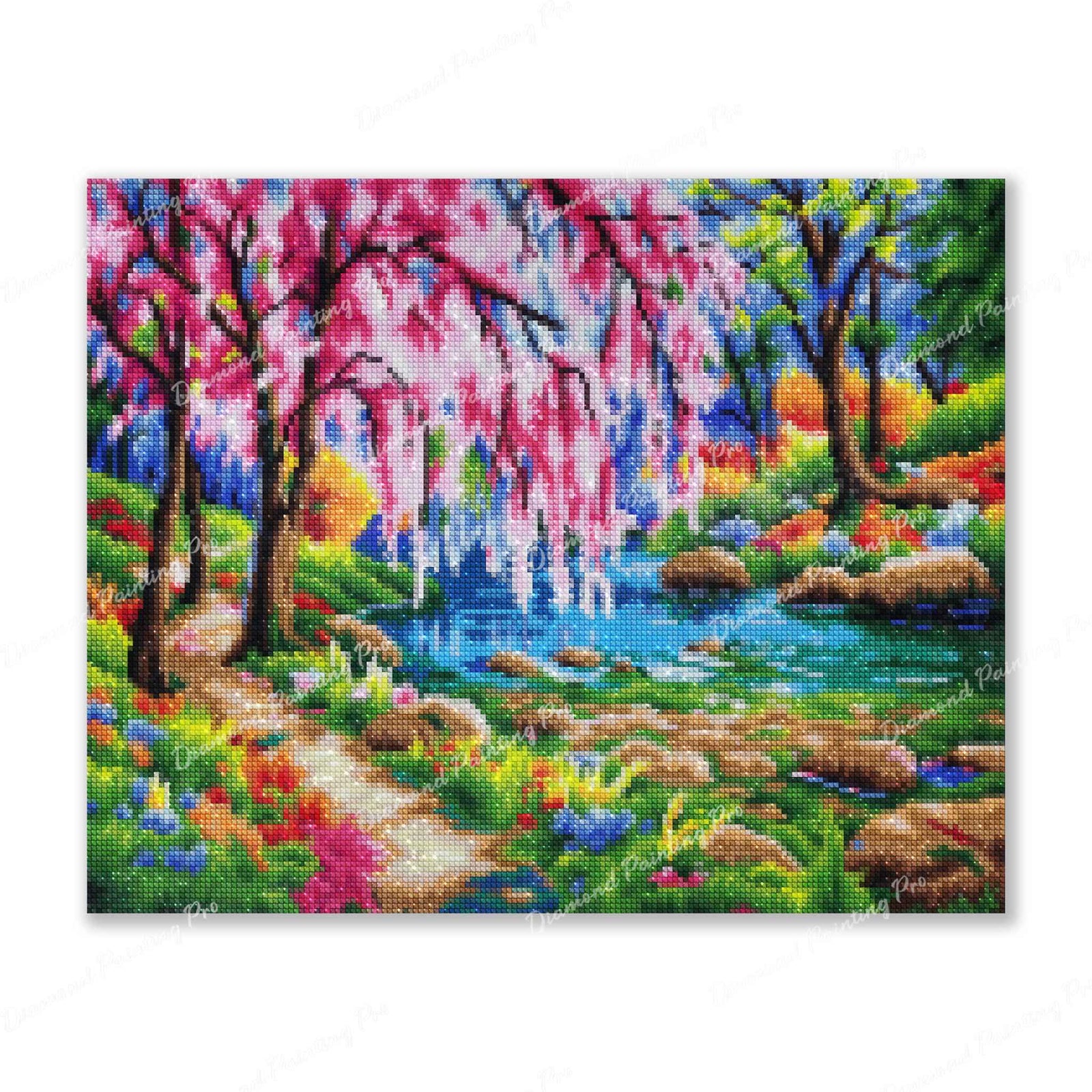 Cherry Blossom Tree Near River Finished Diamond Painting For Sale From Diamond Painting Pro