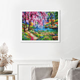 Cherry Blossom Tree Near River Finished Diamond Painting Displayed with White Frame as Home Decor