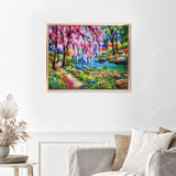 Cherry Blossom Tree Near River Finished Diamond Painting Displayed with Gold Frame as Home Decor