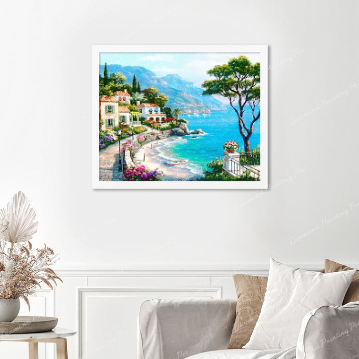 Mediterranean Seaside Finished Diamond Painting Displayed with White Frame as Home Decor