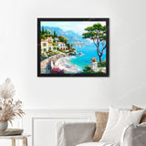 Mediterranean Seaside Finished Diamond Painting Displayed with Black Frame as Home Decor