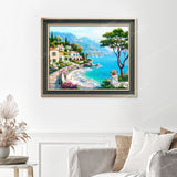 Mediterranean Seaside Finished Diamond Painting Displayed with Vintage Frame as Home Decor