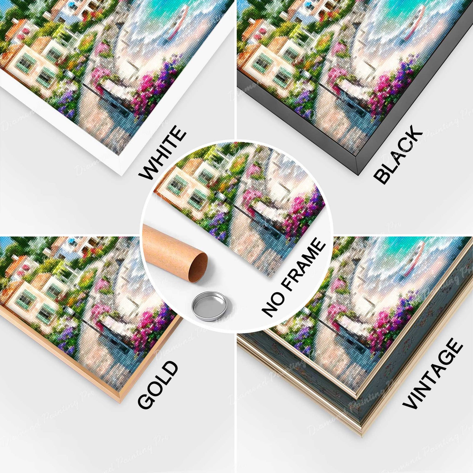 Completed Diamond Art of Mediterranean Seaside with Multiple Frame Options