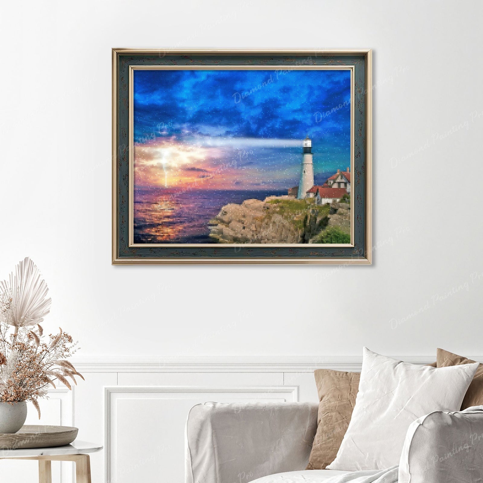 Lighthouse Beckons Finished Diamond Painting Displayed with Vintage Frame as Home Decor