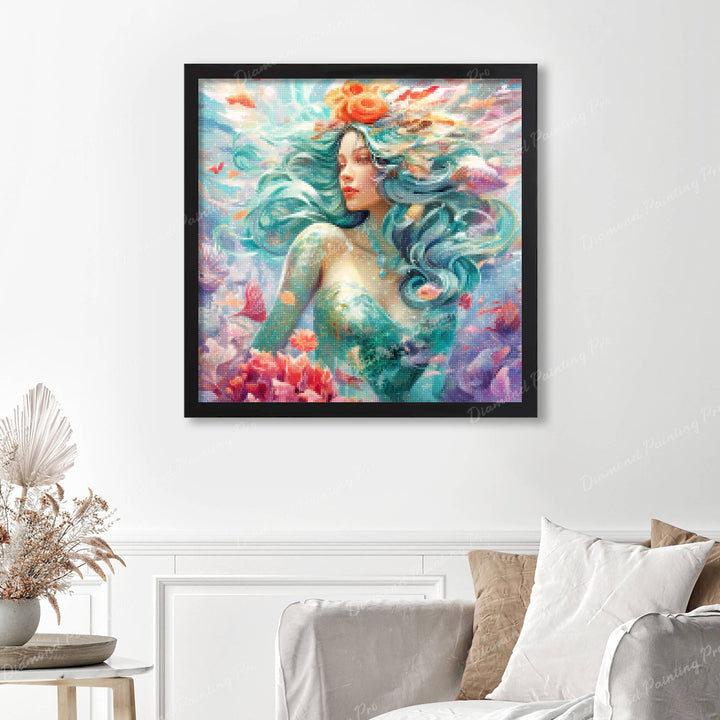 Enchanting Mermaid Delight Finished Diamond Painting Displayed with Black Frame as Home Decor