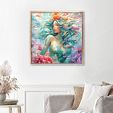 Enchanting Mermaid Delight Finished Diamond Painting Displayed with Gold Frame as Home Decor