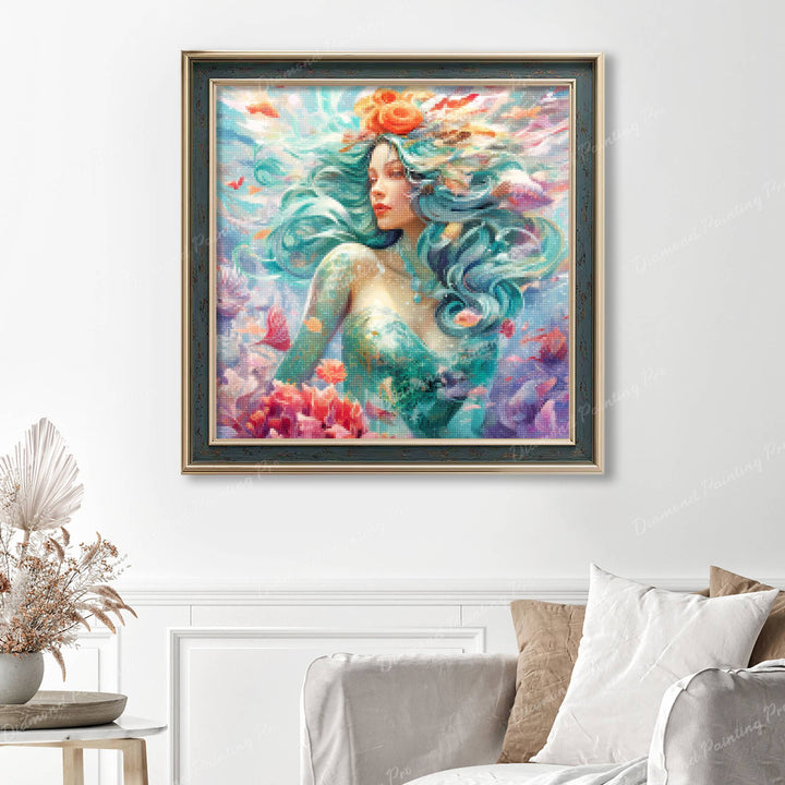 Enchanting Mermaid Delight Finished Diamond Painting Displayed with Vintage Frame as Home Decor