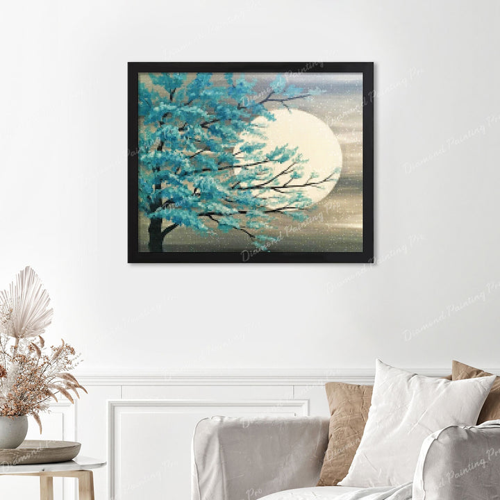 Moon Tree Landscape Finished Diamond Painting Displayed with Black Frame as Home Decor