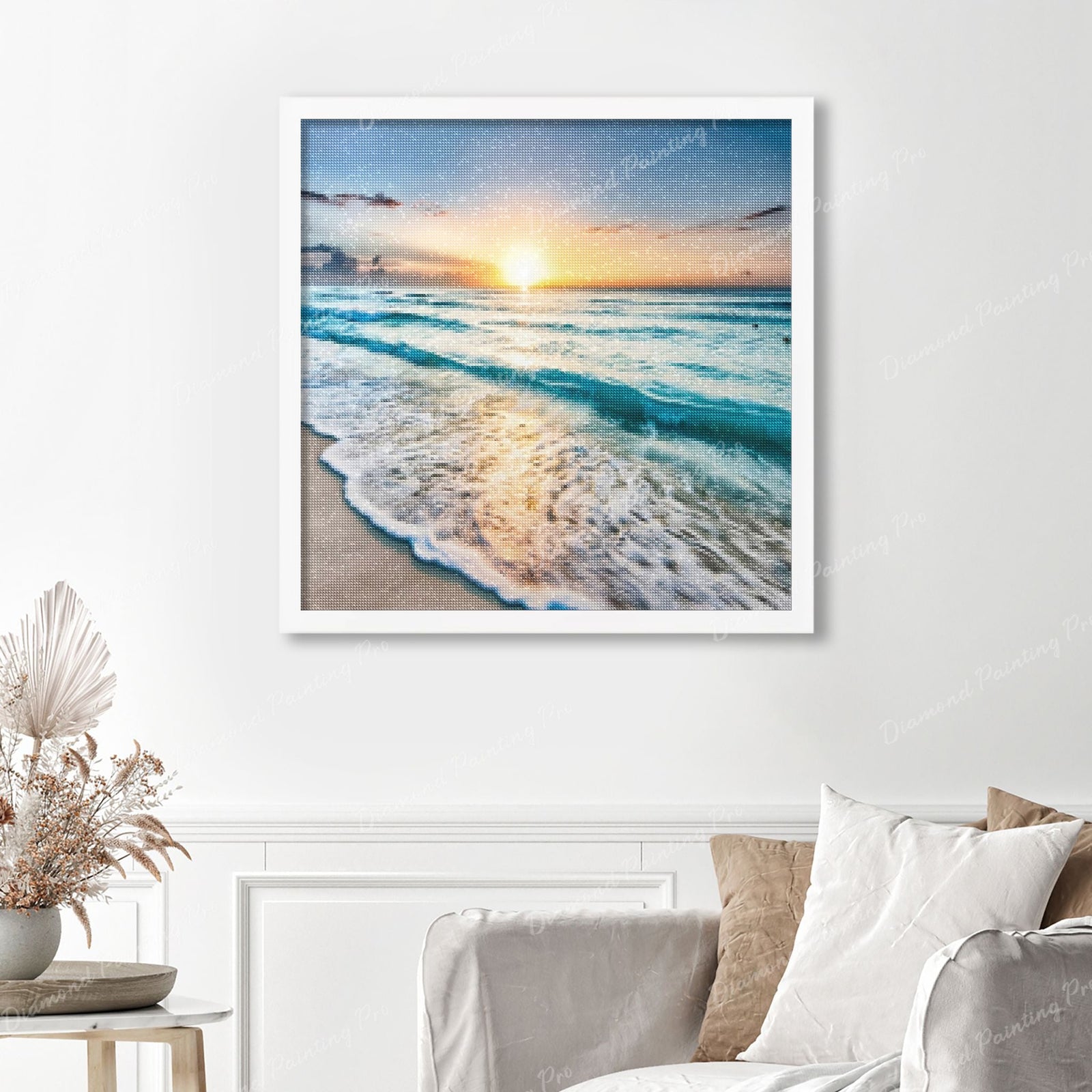 Ocean Finished Diamond Painting Displayed with White Frame as Home Decor