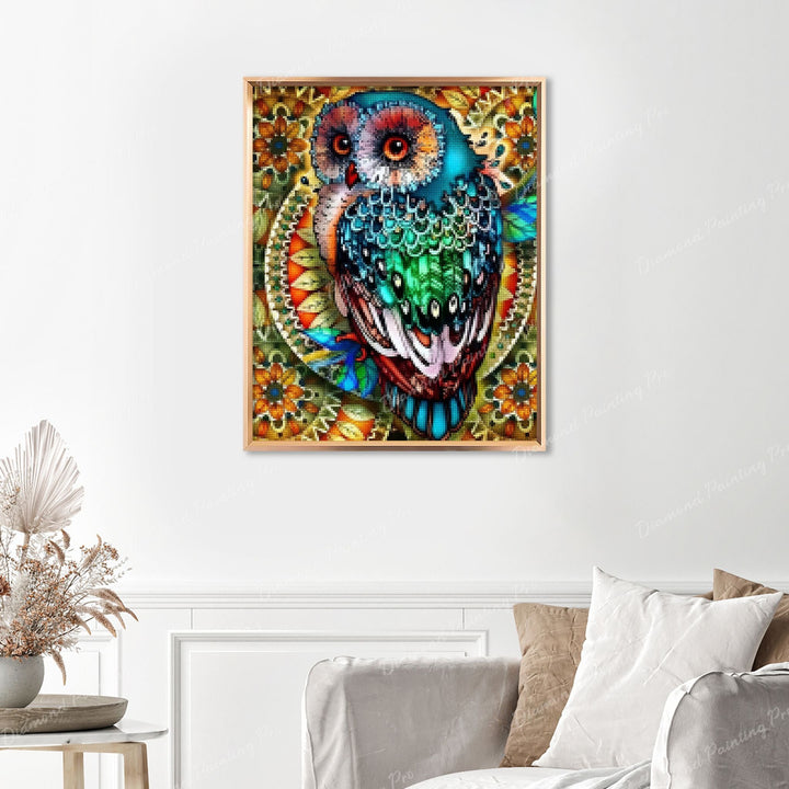 Mandala Berry Branch Owl Finished Diamond Painting Displayed with Gold Frame as Home Decor