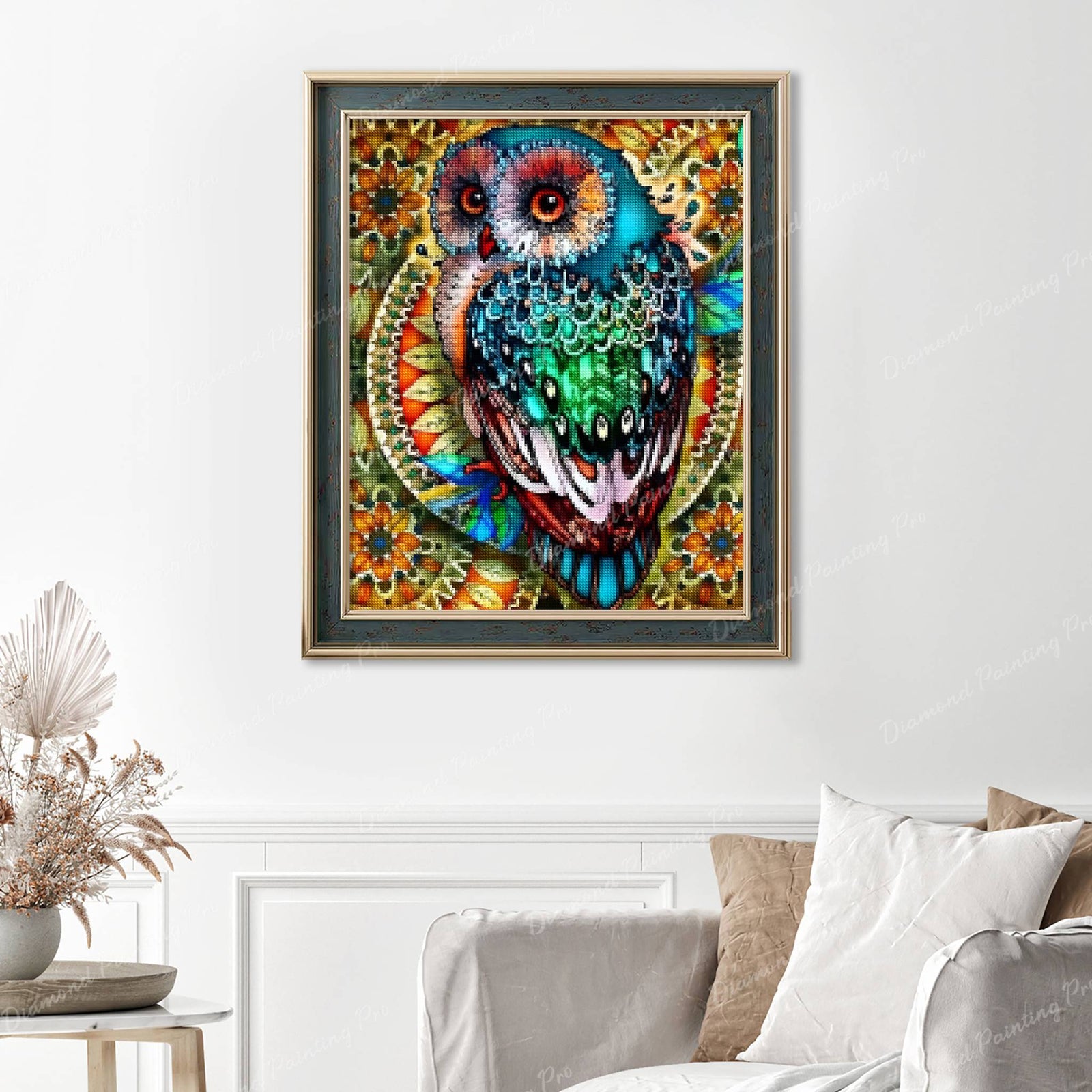 Mandala Berry Branch Owl Finished Diamond Painting Displayed with Vintage Frame as Home Decor