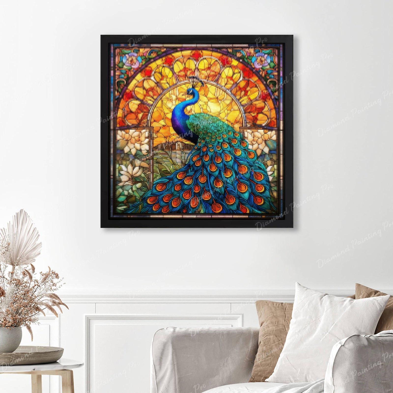 Majestic Peacock Stained Glass Finished Diamond Painting Displayed with Black Frame as Home Decor