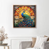 Majestic Peacock Stained Glass Finished Diamond Painting Displayed with Gold Frame as Home Decor