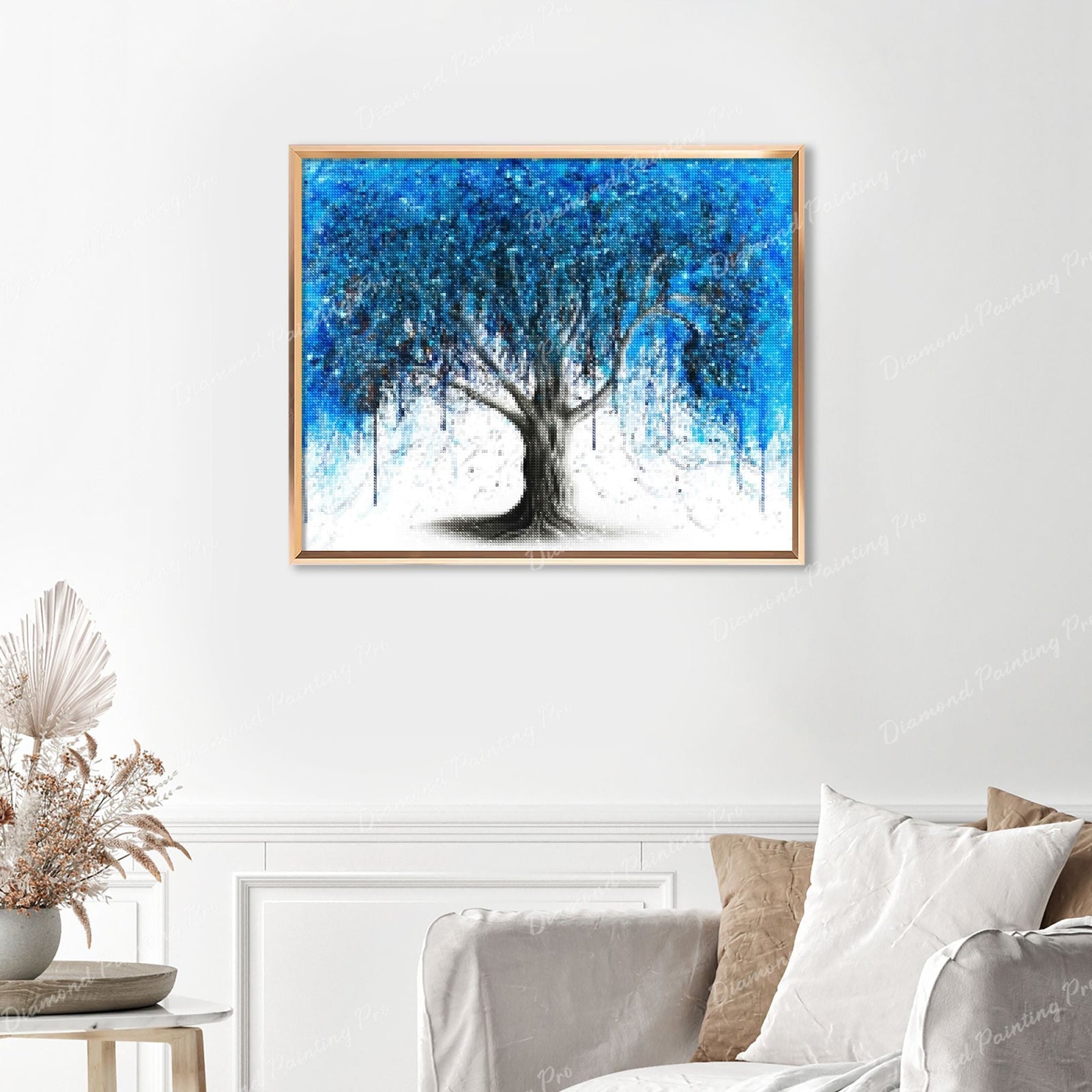 Blue Midnight Tree Finished Diamond Painting Displayed with Gold Frame as Home Decor