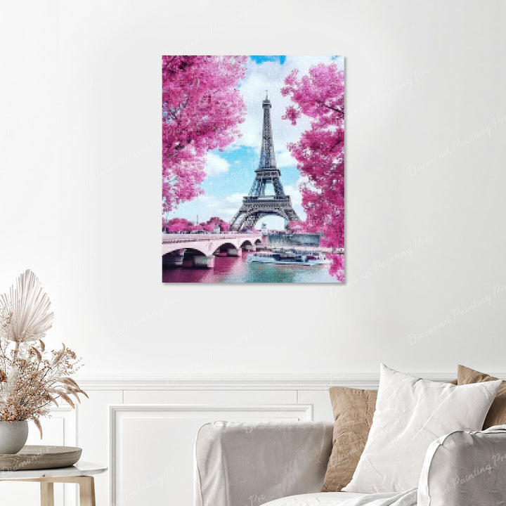 Eiffel Tower with Cherry Blossoms Finished Diamond Painting with No Frame