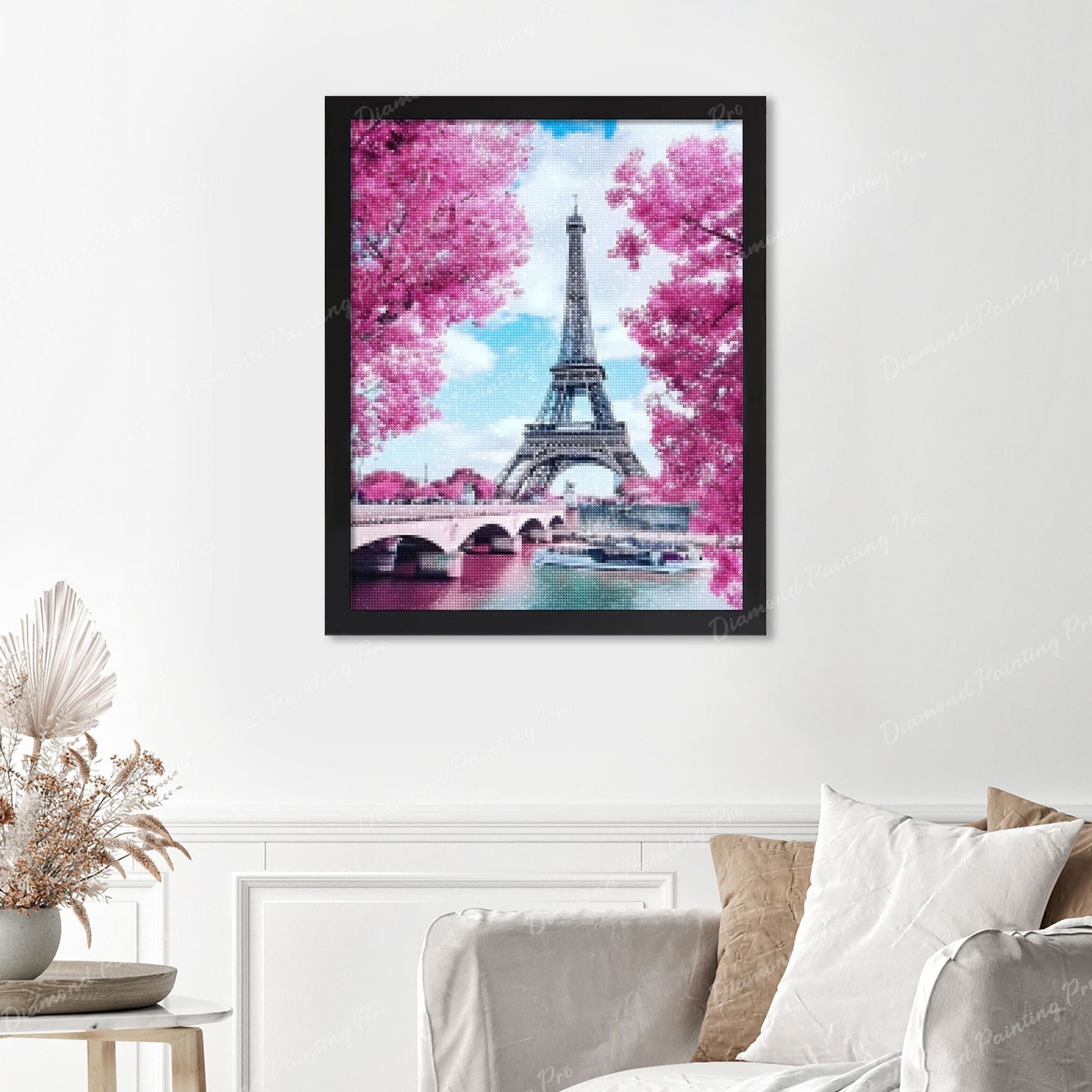 Eiffel Tower with Cherry Blossoms Finished Diamond Painting Displayed with Black Frame as Home Decor