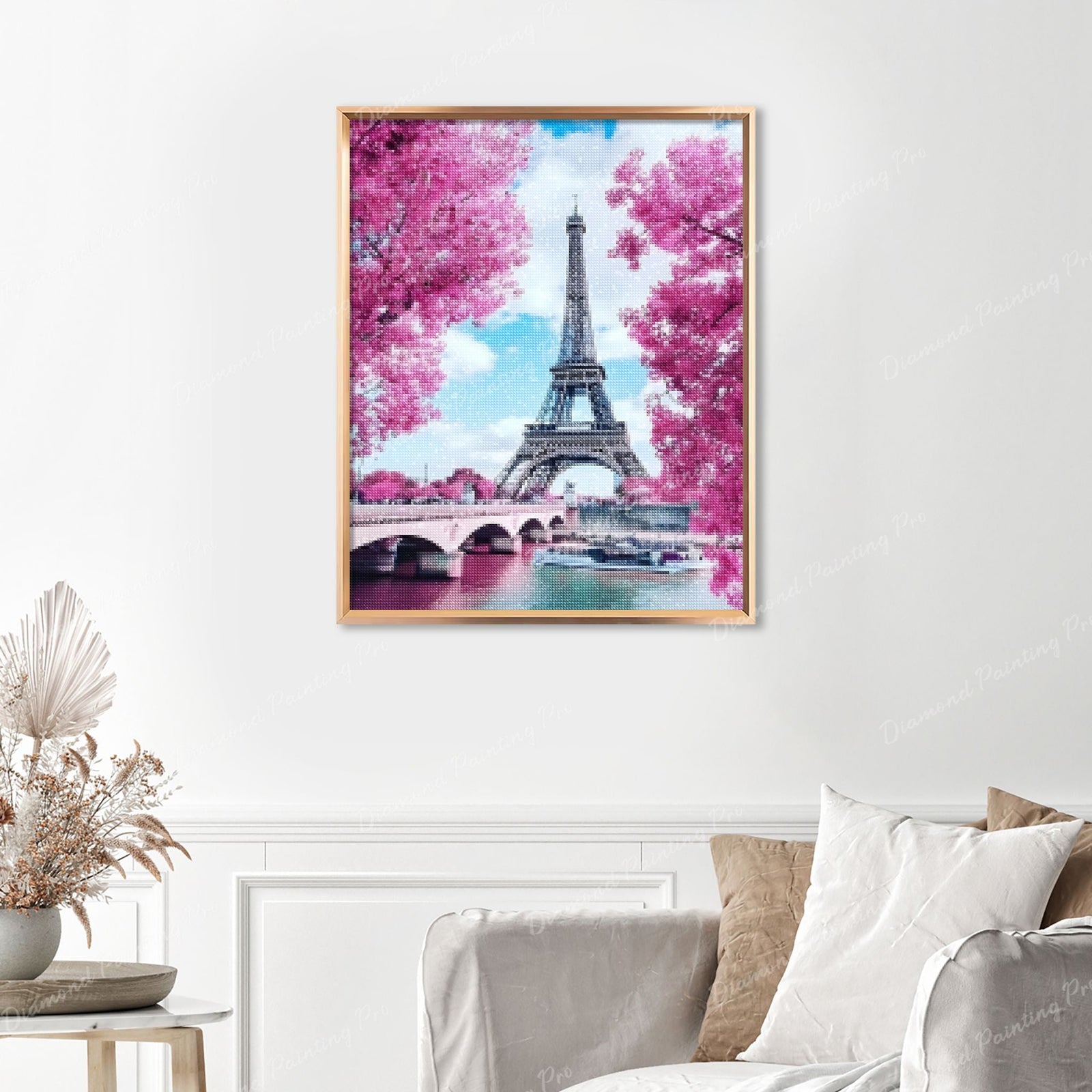 Eiffel Tower with Cherry Blossoms Finished Diamond Painting Displayed with Gold Frame as Home Decor