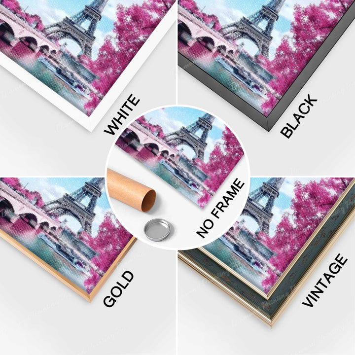 Completed Diamond Art of Eiffel Tower with Cherry Blossoms with Multiple Frame Options