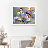 Lovebirds Finished Diamond Painting Displayed with White Frame as Home Decor