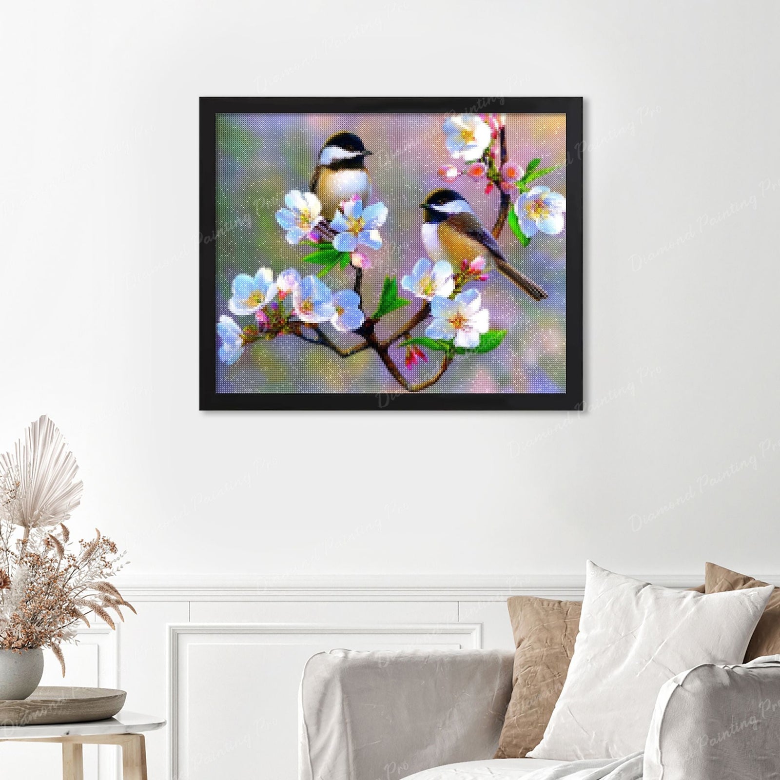 Lovebirds Finished Diamond Painting Displayed with Black Frame as Home Decor