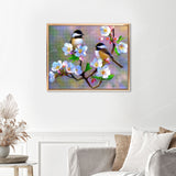 Lovebirds Finished Diamond Painting Displayed with Gold Frame as Home Decor