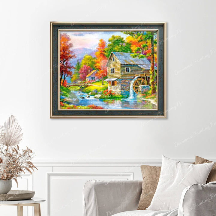 Autumn Cottage Finished Diamond Painting Displayed with Vintage Frame as Home Decor