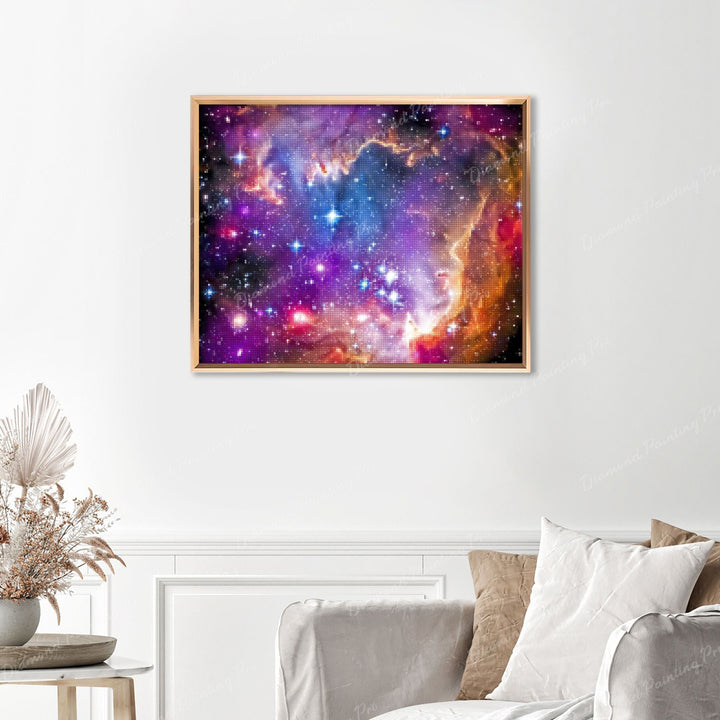 Starry Galaxy Finished Diamond Painting Displayed with Gold Frame as Home Decor