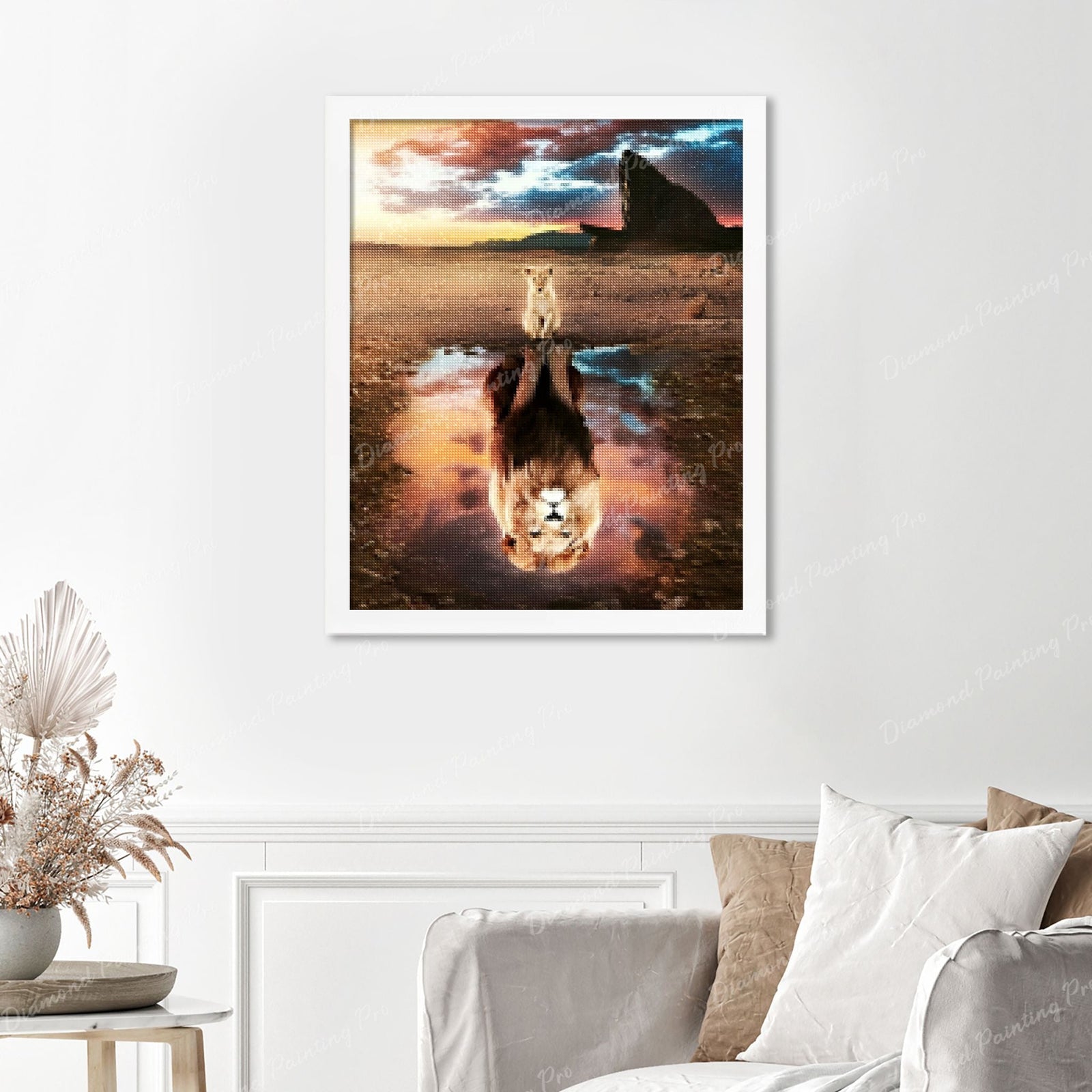 Lion Legacy Reflection Finished Diamond Painting Displayed with White Frame as Home Decor