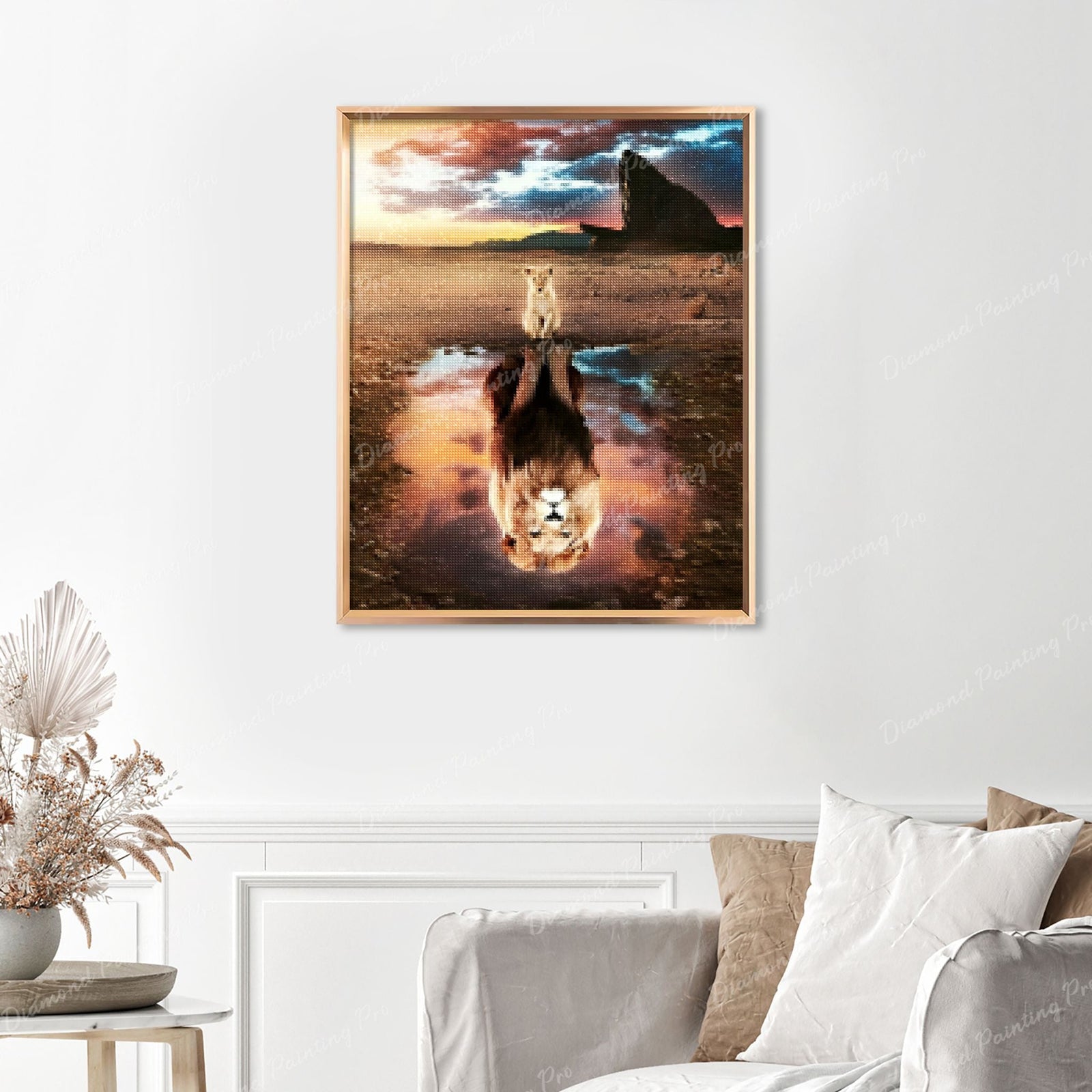 Lion Legacy Reflection Finished Diamond Painting Displayed with Gold Frame as Home Decor