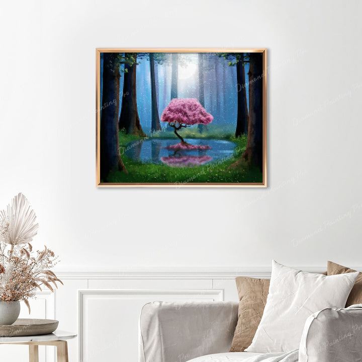 Forest Pink Tree Finished Diamond Painting Displayed with Gold Frame as Home Decor