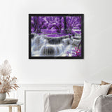 Purple Waterfall Finished Diamond Painting Displayed with Black Frame as Home Decor